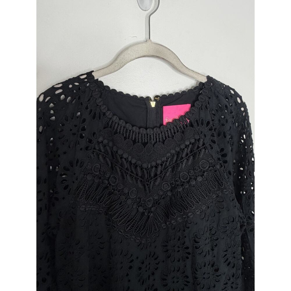 Lily Pulitzer Priscilla Short Dress Womens 14 Black boho Eyelet Long Puff Sleeve - Picture 10 of 11
